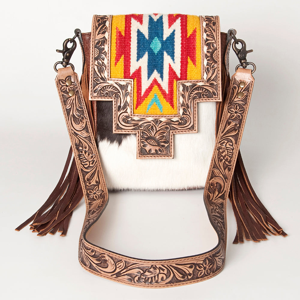 American Darling Messenger Bag for Women, Hand Tooled Floral Leather, Hair-On Cowhide, Woven Saddle Blanket, Genuine Leather