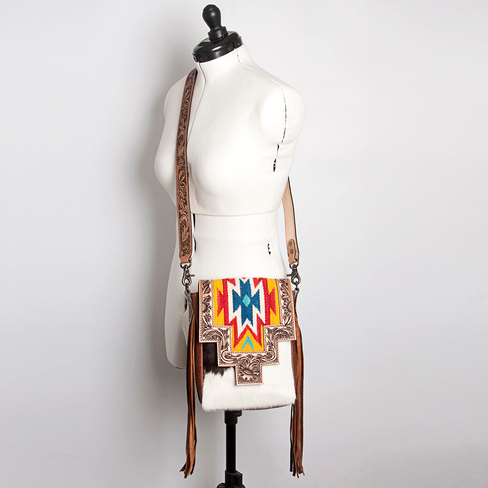 American Darling Messenger Bag for Women, Hand Tooled Floral Leather, Hair-On Cowhide, Woven Saddle Blanket, Genuine Leather