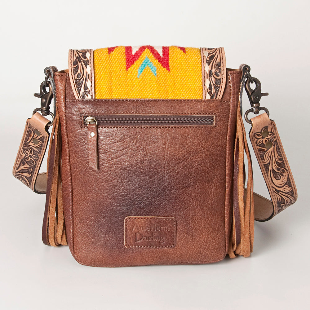 American Darling Messenger Bag for Women, Hand Tooled Floral Leather, Hair-On Cowhide, Woven Saddle Blanket, Genuine Leather