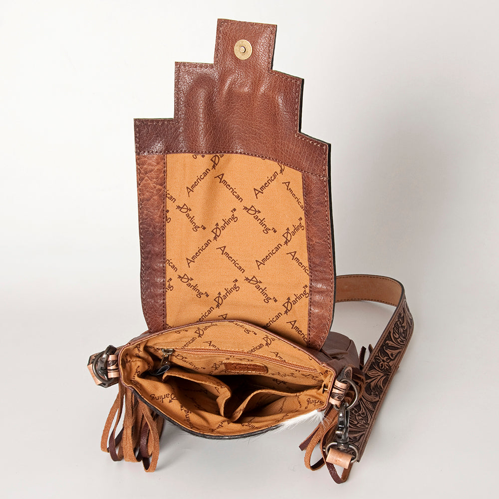 American Darling Messenger Bag for Women, Hand Tooled Floral Leather, Hair-On Cowhide, Woven Saddle Blanket, Genuine Leather