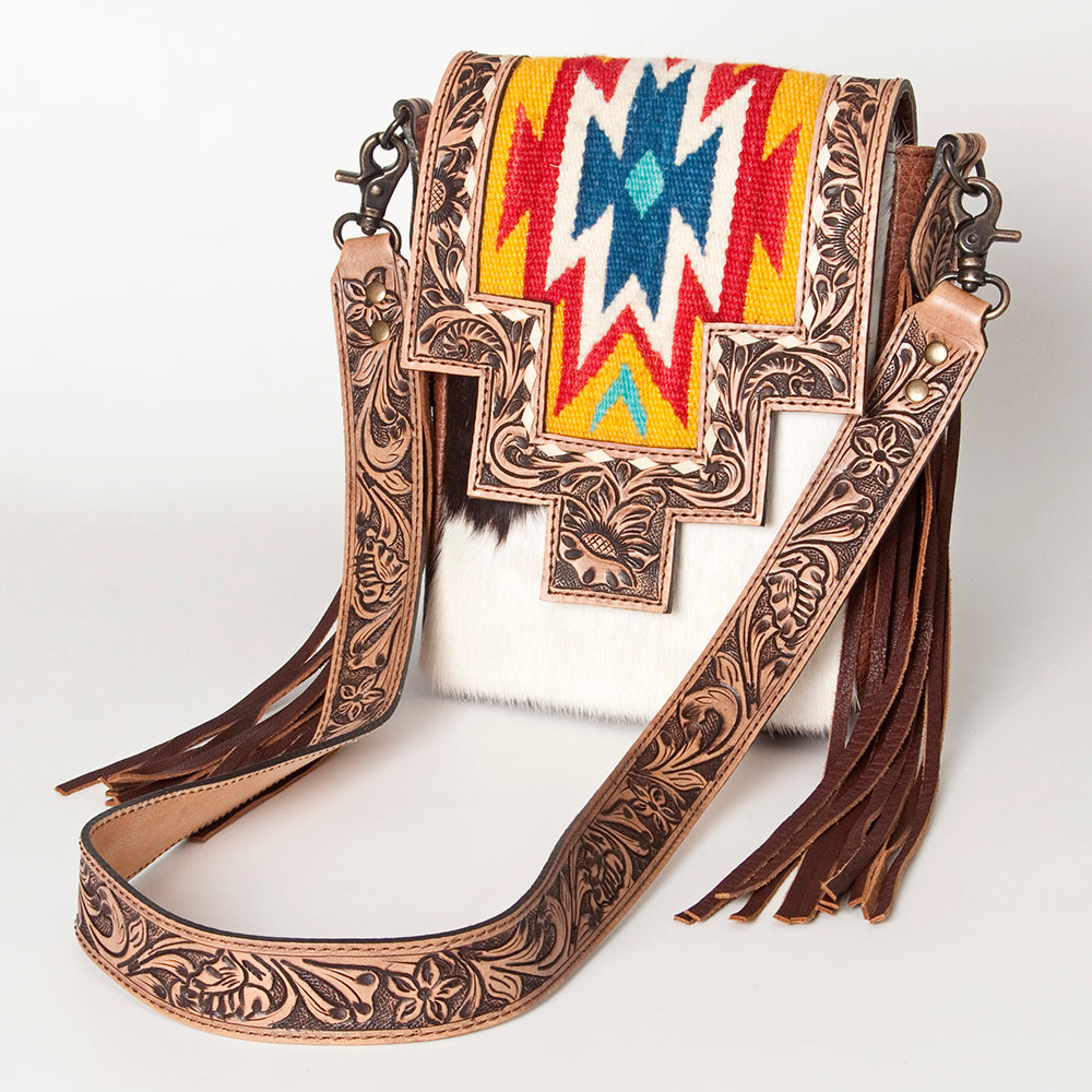 American Darling Messenger Bag for Women, Hand Tooled Floral Leather, Hair-On Cowhide, Woven Saddle Blanket, Genuine Leather