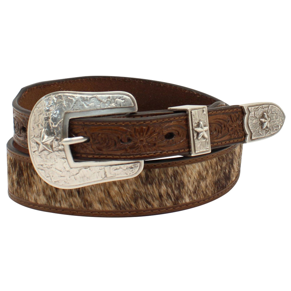 3D Western Belt Mens Calf Hair Floral Tooled 3 Piece Buckle