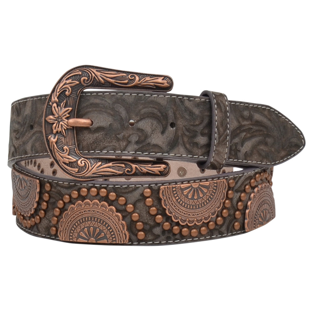 Floral Embossed Leather Belt with Copper Studs - Brown