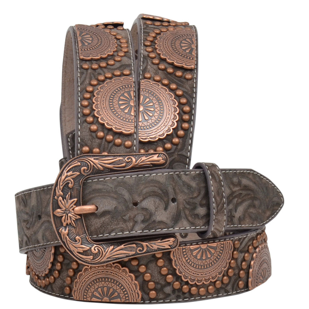 Floral Embossed Leather Belt with Copper Studs - Brown