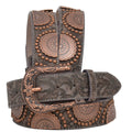 Floral Embossed Leather Belt with Copper Studs - Brown