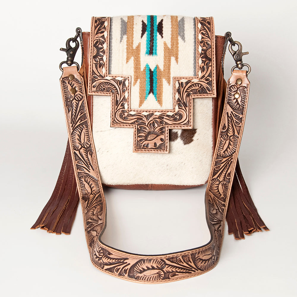 American Darling Messenger Bag for Women, Hand Tooled Floral Leather, Hair-On Cowhide, Woven Saddle Blanket, Genuine Leather