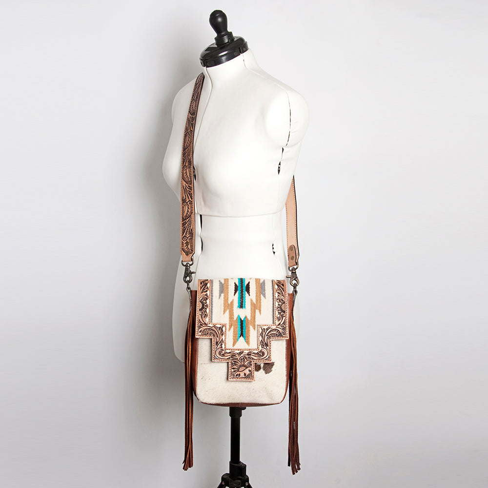 American Darling Messenger Bag for Women, Hand Tooled Floral Leather, Hair-On Cowhide, Woven Saddle Blanket, Genuine Leather