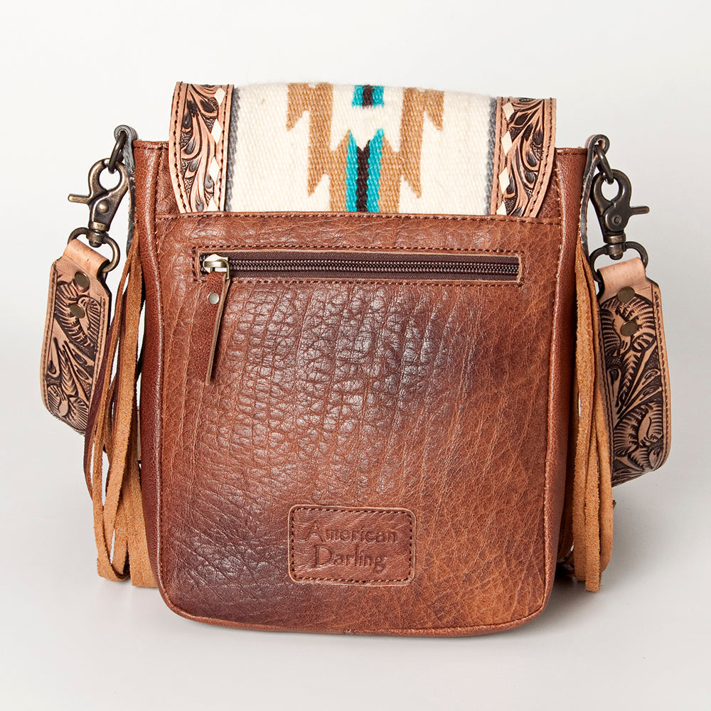 American Darling Messenger Bag for Women, Hand Tooled Floral Leather, Hair-On Cowhide, Woven Saddle Blanket, Genuine Leather