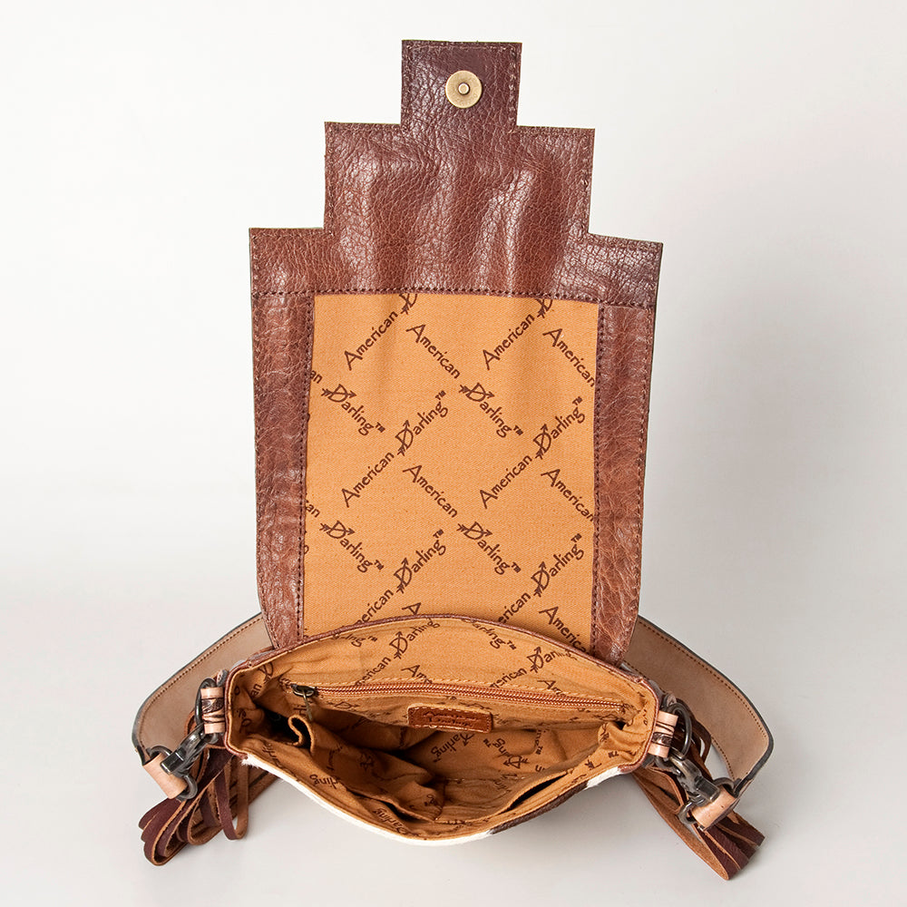 American Darling Messenger Bag for Women, Hand Tooled Floral Leather, Hair-On Cowhide, Woven Saddle Blanket, Genuine Leather