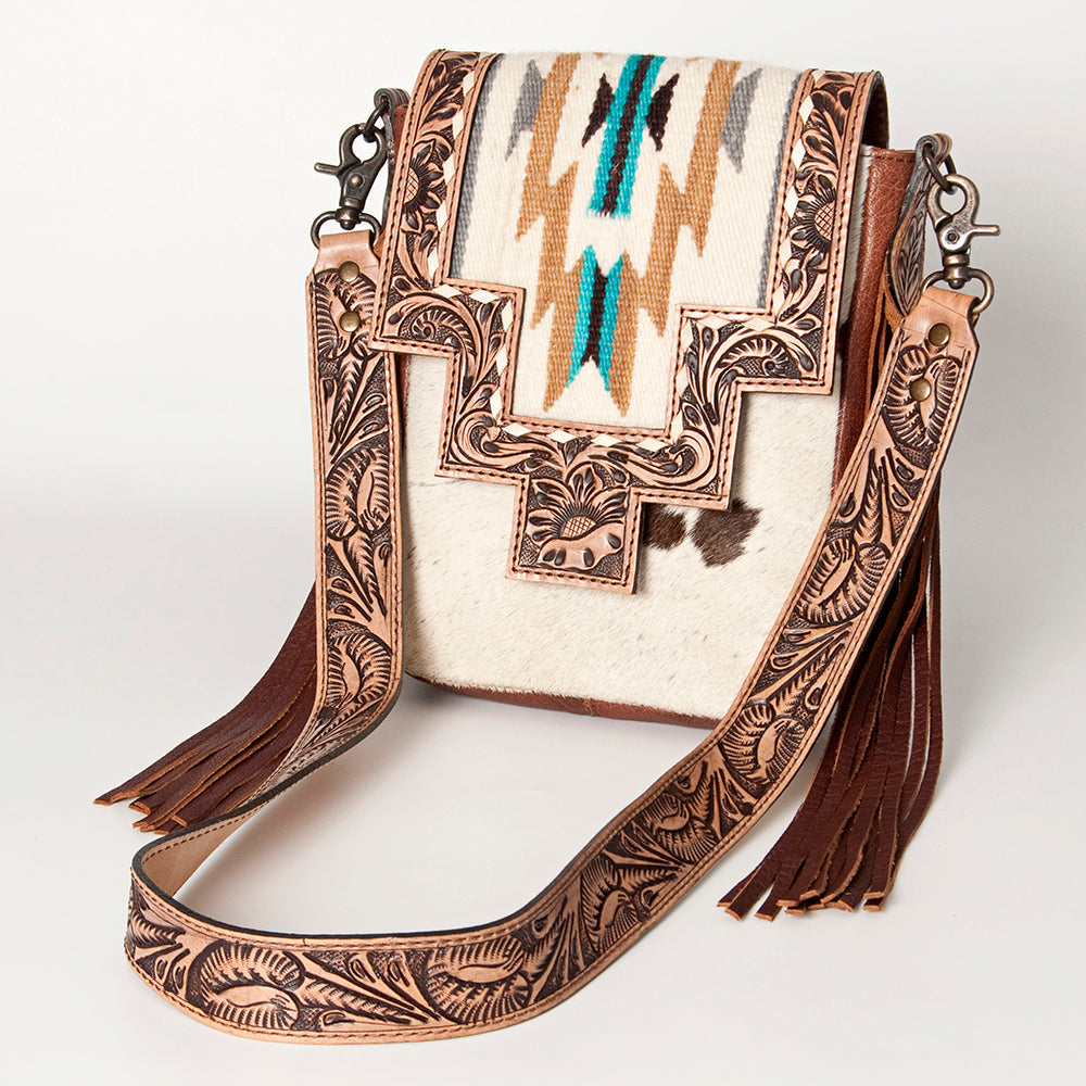American Darling Messenger Bag for Women, Hand Tooled Floral Leather, Hair-On Cowhide, Woven Saddle Blanket, Genuine Leather