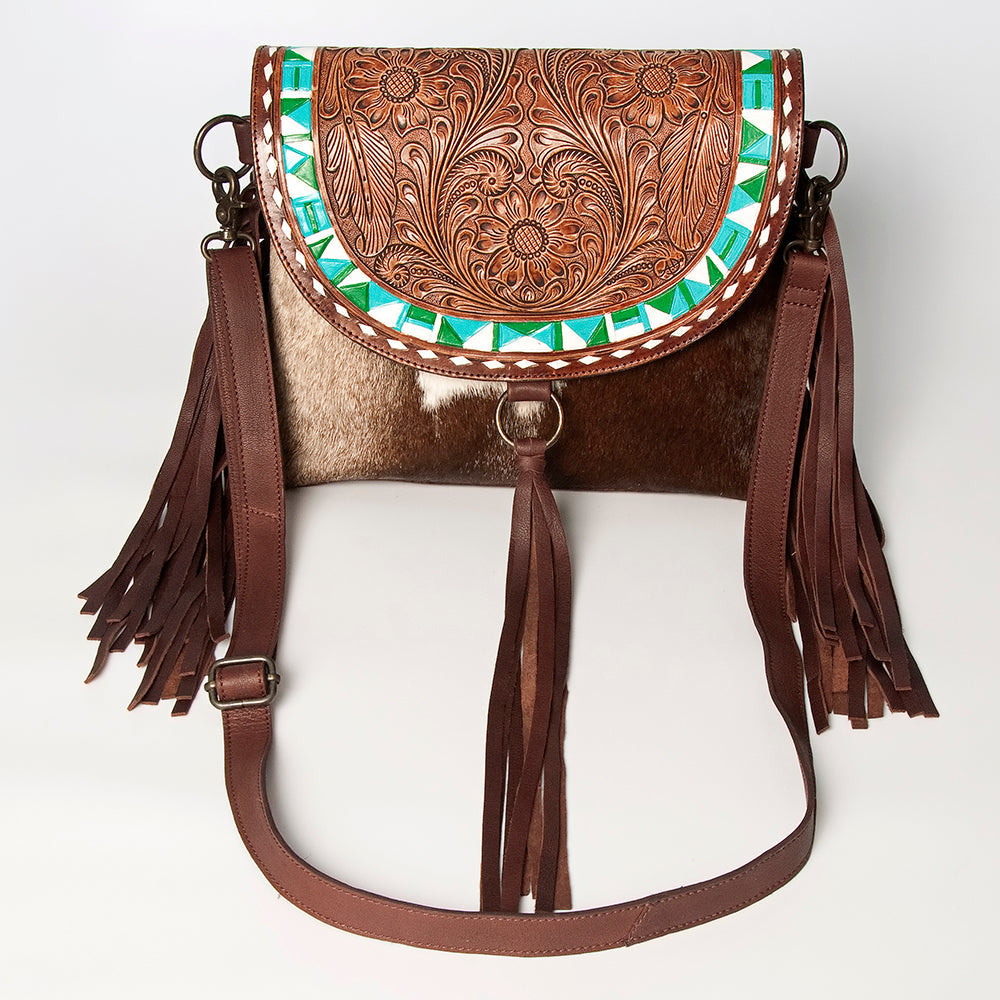 American Darling Hand-Tooled Hair-On Genuine Leather Messenger Bag