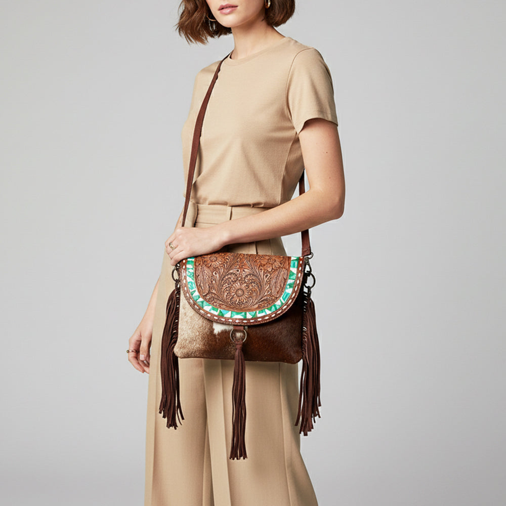American Darling Messenger Hand Tooled Saddle Blanket Hair On Genuine Leather Women Bag Western Handbag Purse