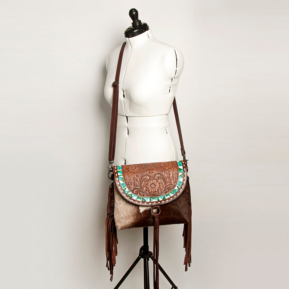 American Darling Hand-Tooled Hair-On Genuine Leather Messenger Bag
