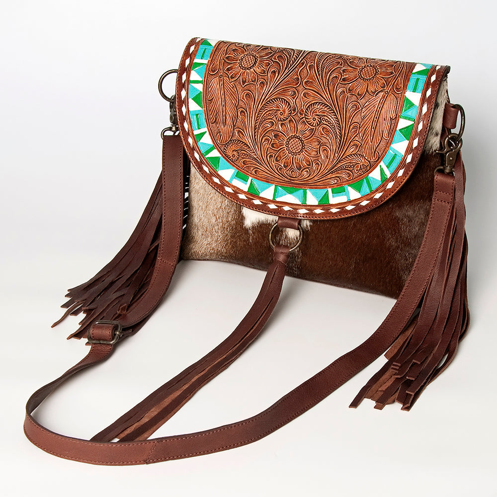 American Darling Hand-Tooled Hair-On Genuine Leather Messenger Bag