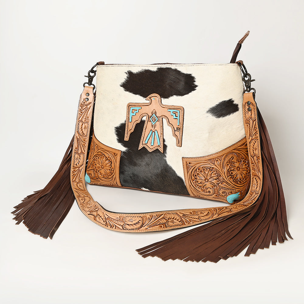 American Darling Hand-Tooled Hair-On Genuine Leather Messenger Bag