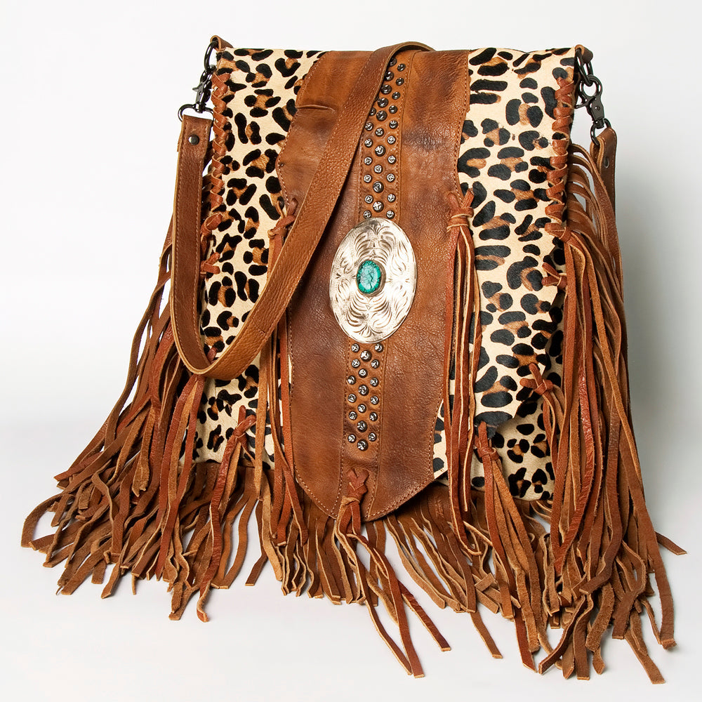 American Darling Messenger Bag Western Hair-On Cowhide Genuine Leather Handcrafted Purse with Fringes and Turquoise Stone