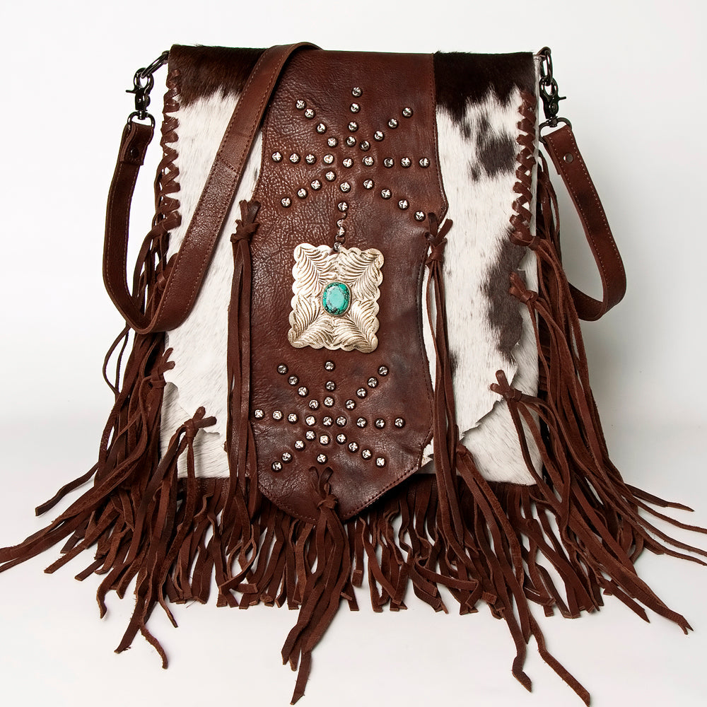 American Darling Messenger Bag Western Hair-On Cowhide Genuine Leather Handcrafted Purse with Fringes and Turquoise Stone