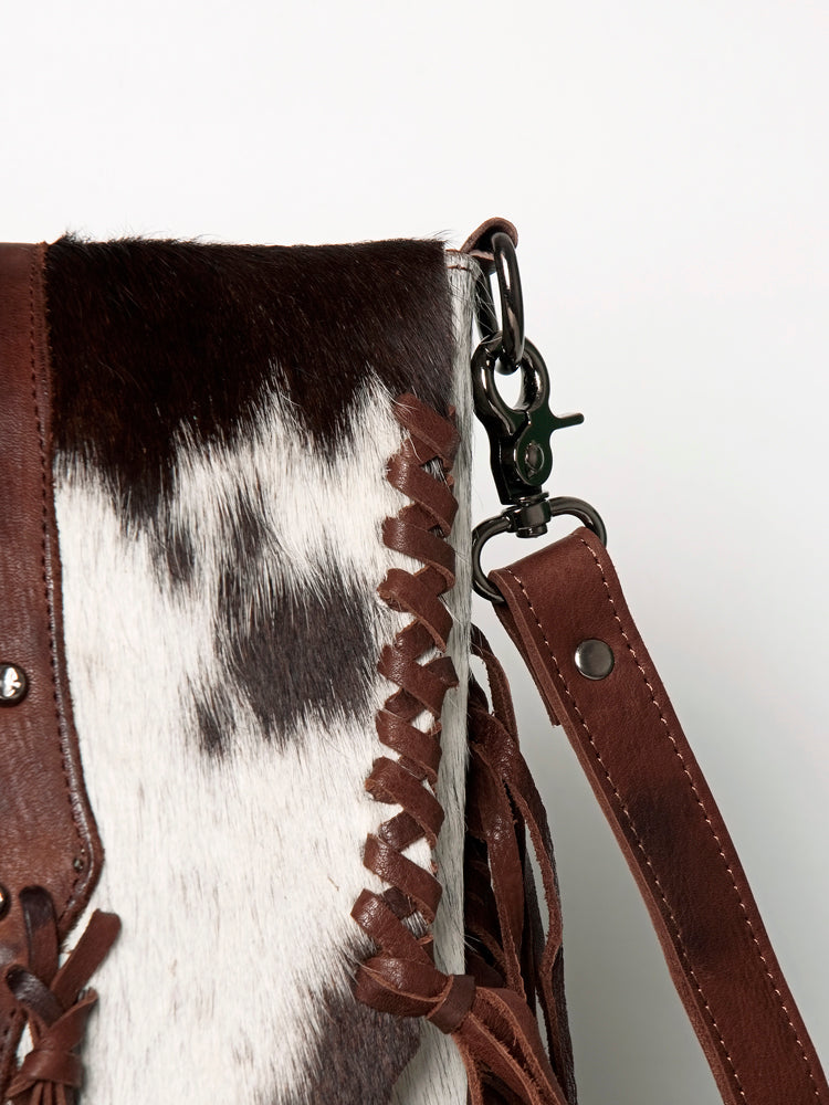 American Darling Messenger Bag Western Hair-On Cowhide Genuine Leather Handcrafted Purse with Fringes and Turquoise Stone