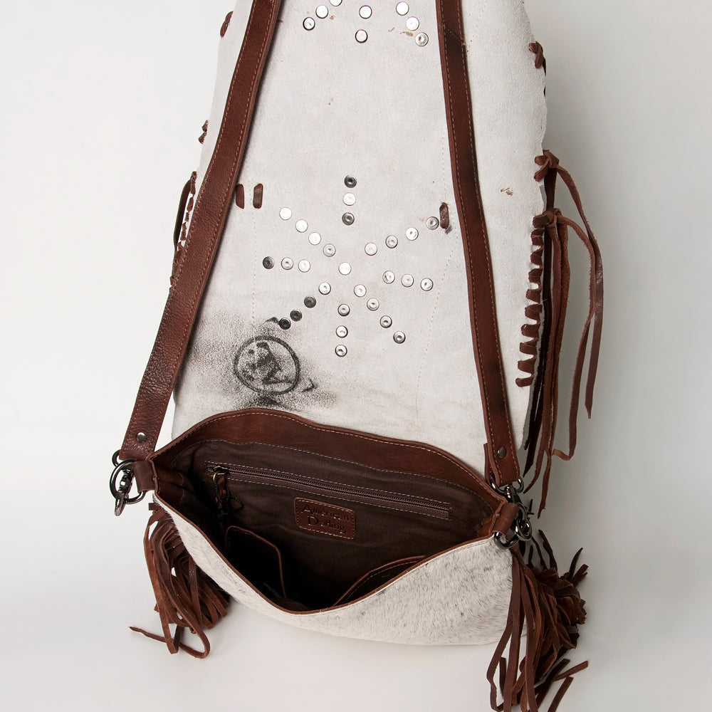 American Darling Messenger Bag Western Hair-On Cowhide Genuine Leather Handcrafted Purse with Fringes and Turquoise Stone