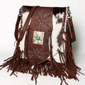 American Darling Messenger Bag Western Hair-On Cowhide Genuine Leather Handcrafted Purse with Fringes and Turquoise Stone