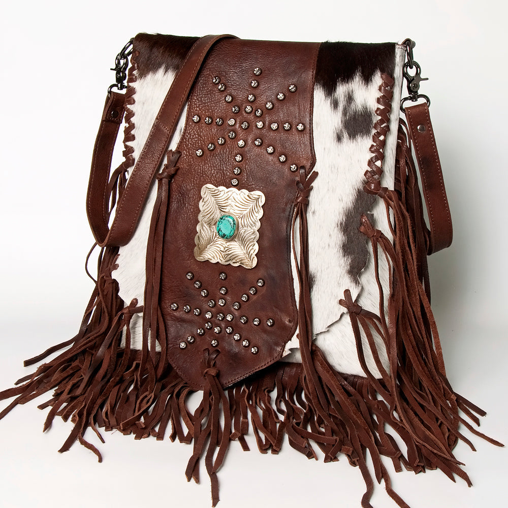 American Darling Messenger Bag Western Hair-On Cowhide Genuine Leather Handcrafted Purse with Fringes and Turquoise Stone