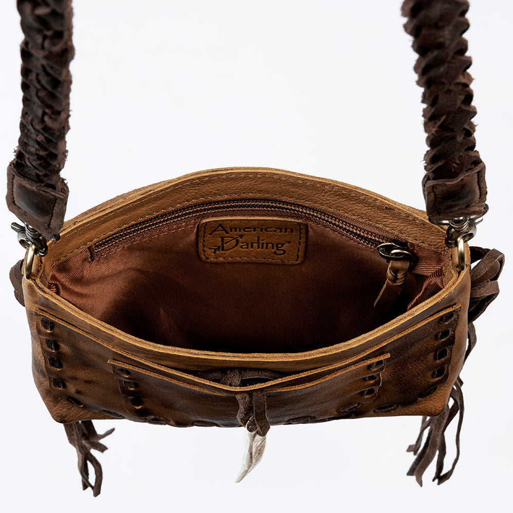 American Darling Cross body Bag Western Genuine Leather Handcrafted Purse with Fringes and Braided Strap