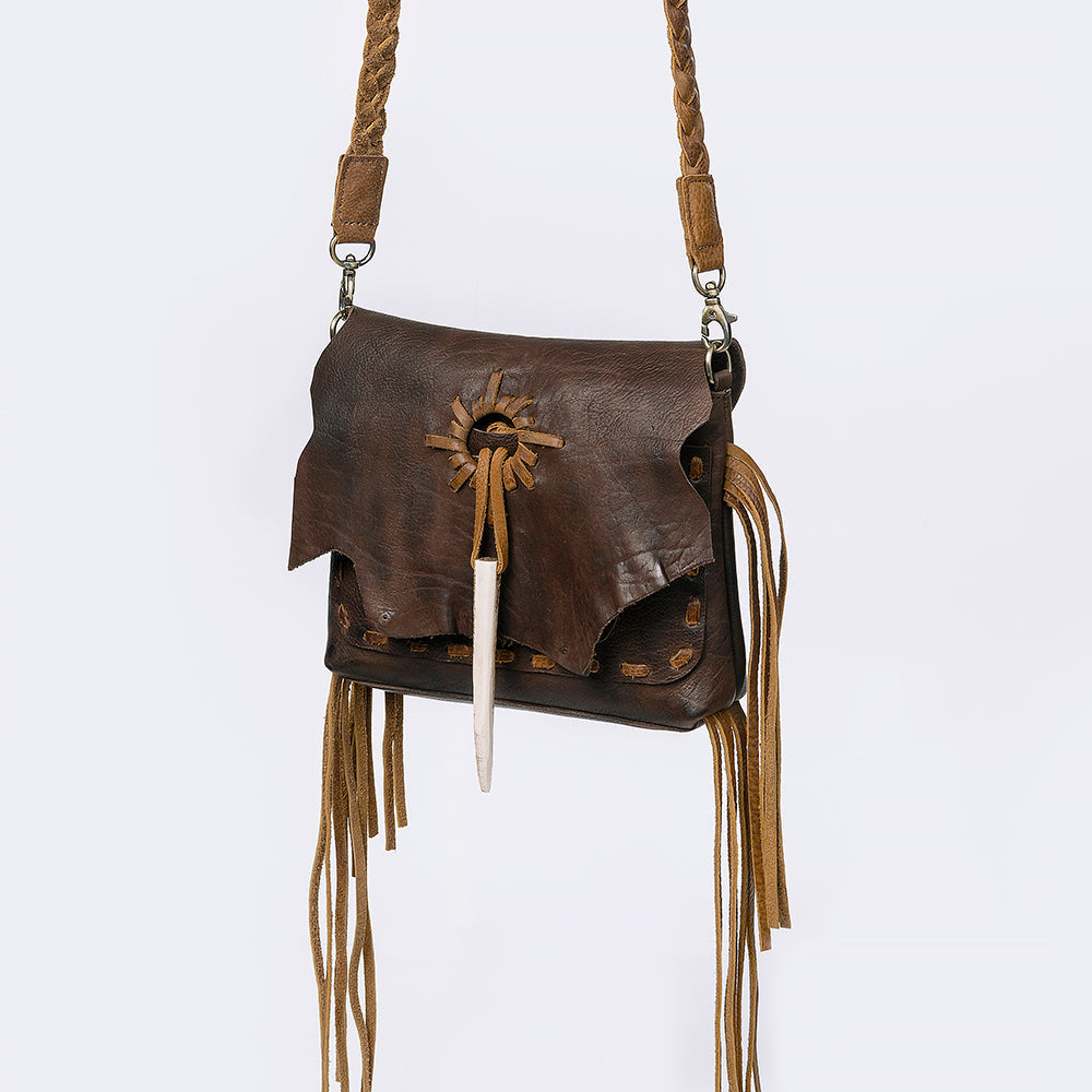 American Darling Cross body Bag Western Genuine Leather Handcrafted Purse with Fringes and Braided Strap