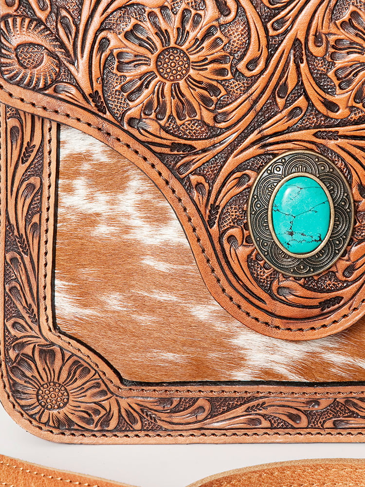 American Darling Cross body Bag Western Leather Hair-On Cowhide Hand Tooled Floral Turquoise Concho 8in x 10in