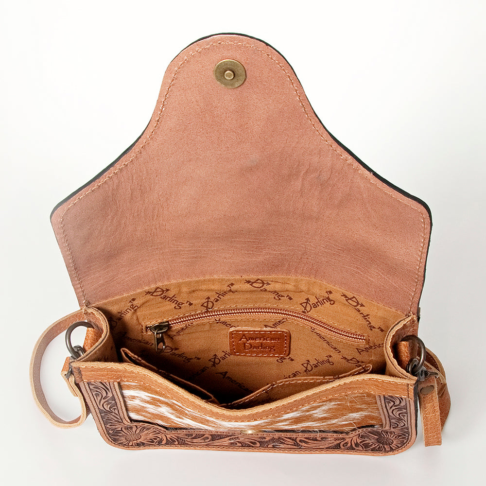 American Darling Cross body Bag Western Leather Hair-On Cowhide Hand Tooled Floral Turquoise Concho 8in x 10in