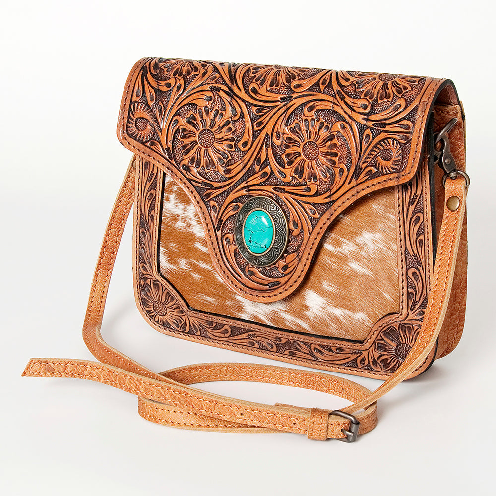 American Darling Cross body Bag Western Leather Hair-On Cowhide Hand Tooled Floral Turquoise Concho 8in x 10in