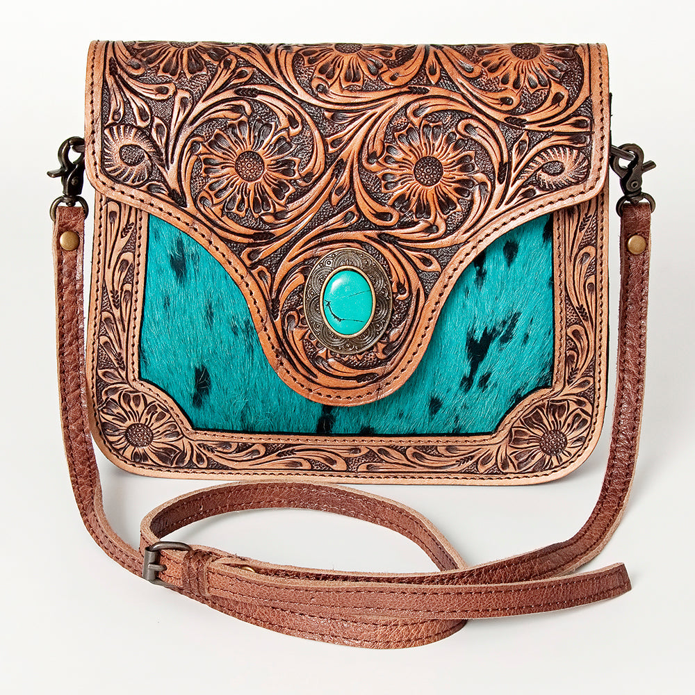 American Darling Cross body Bag Western Leather Hair-On Cowhide Hand Tooled Floral Turquoise Concho 8in x 10in