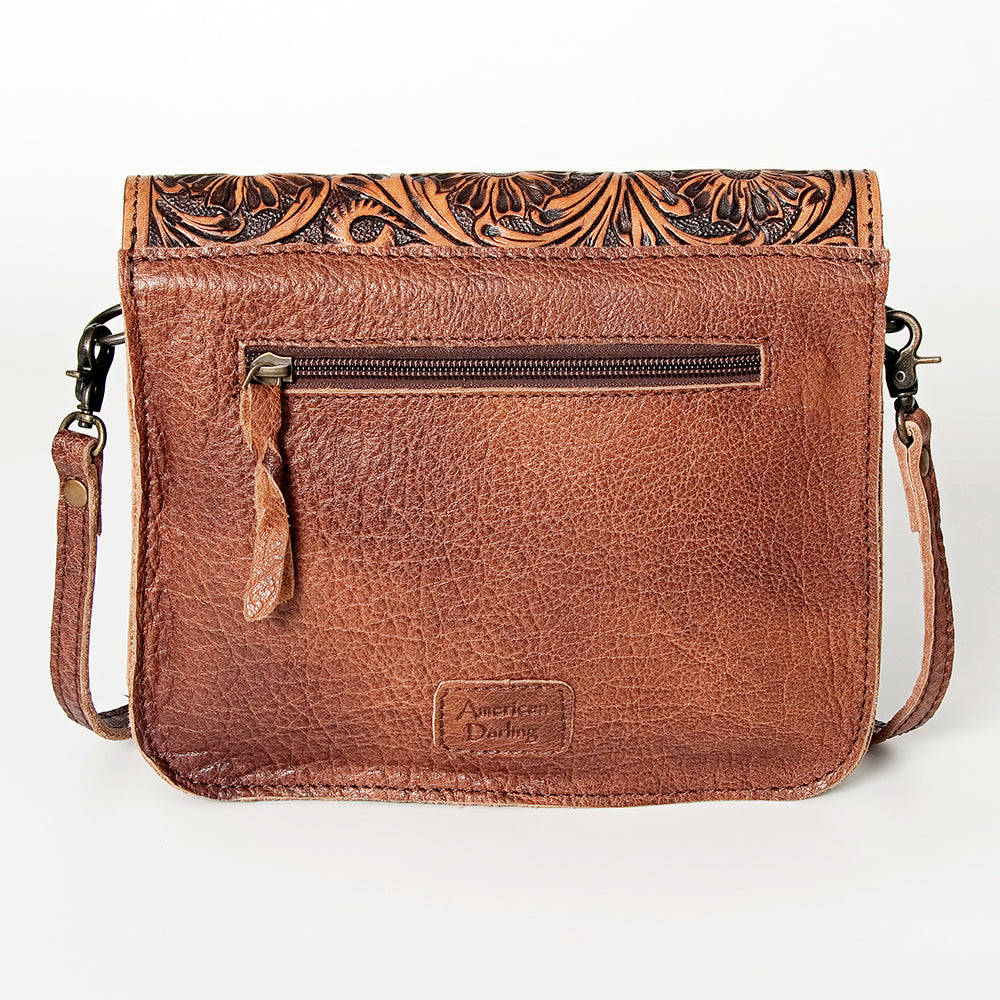 American Darling Cross body Bag Western Leather Hair-On Cowhide Hand Tooled Floral Turquoise Concho 8in x 10in