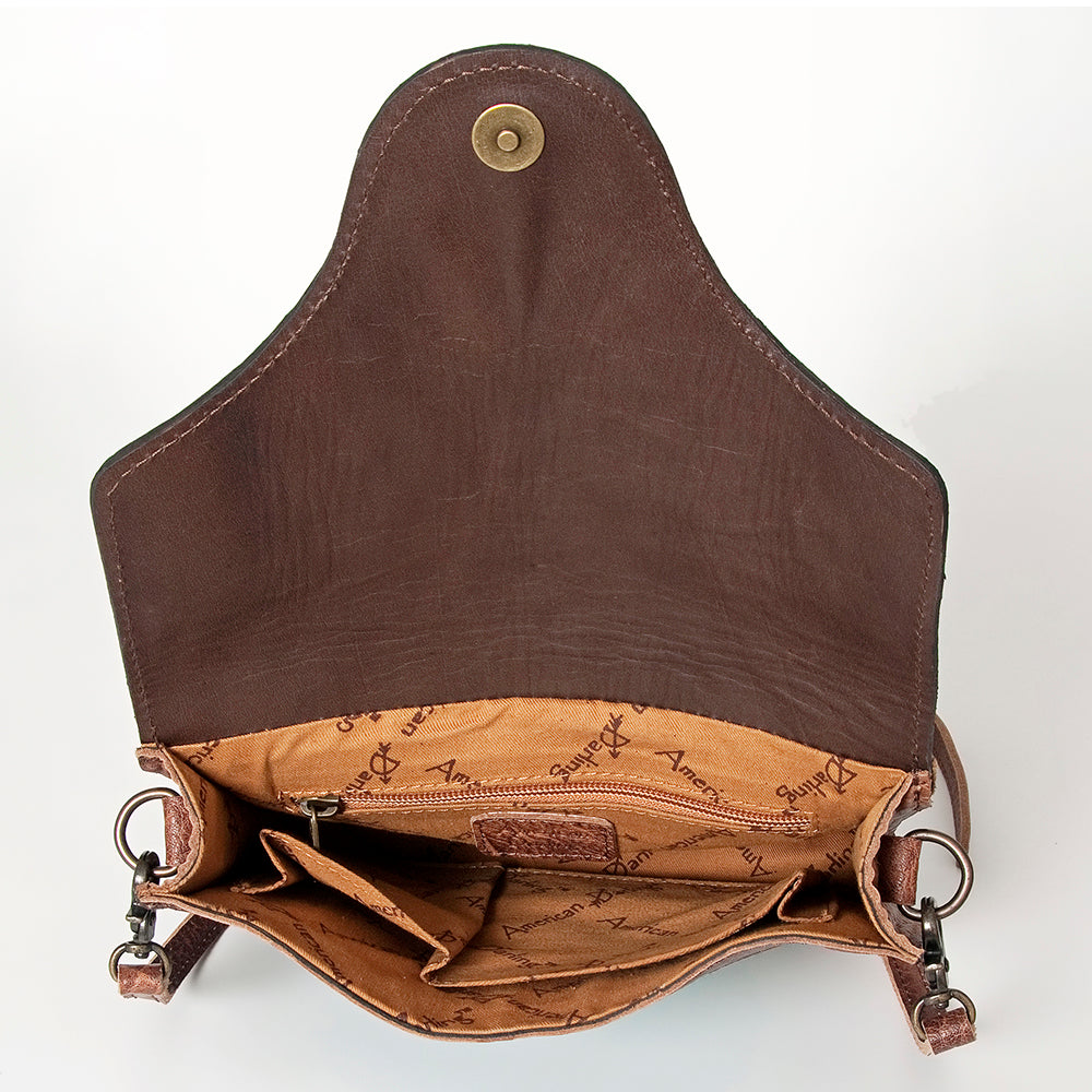 American Darling Cross body Bag Western Leather Hair-On Cowhide Hand Tooled Floral Turquoise Concho 8in x 10in