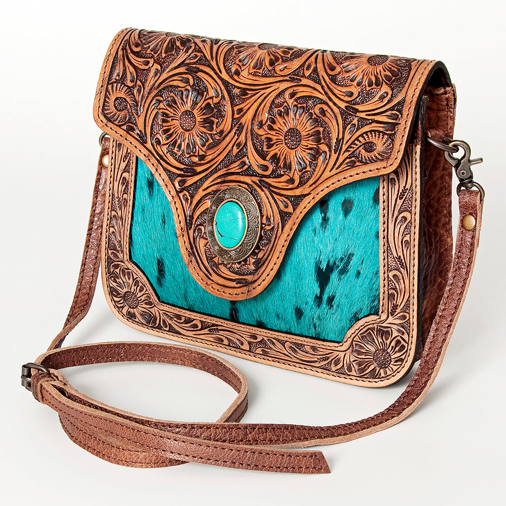 American Darling Cross body Bag Western Leather Hair-On Cowhide Hand Tooled Floral Turquoise Concho 8in x 10in