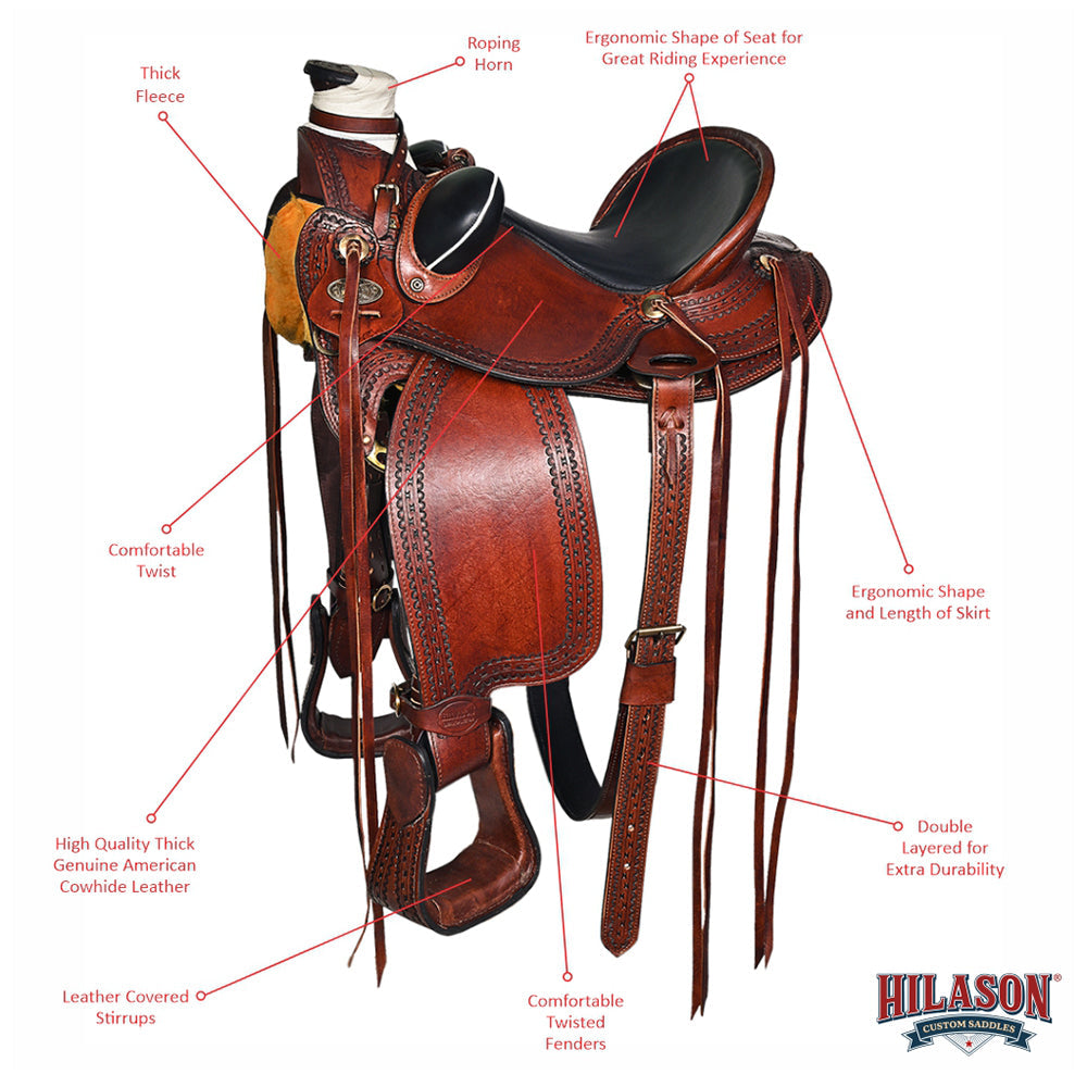 HILASON Western Horse Wade Saddle American Leather Ranch Roping Dark Brown | Hand Tooled & For Horses