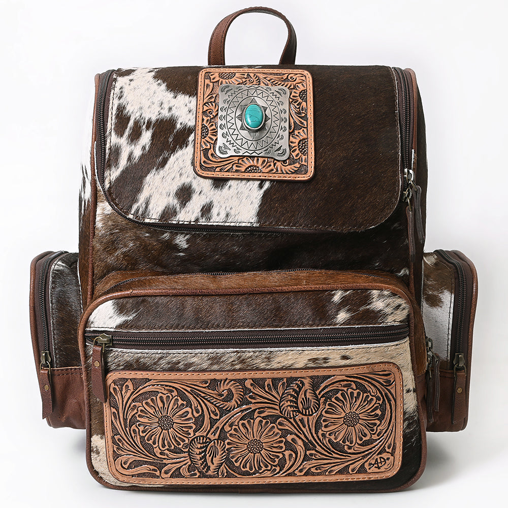 American Darling Backpack for Women, Hand Tooled Floral Leather, Hair-On Cowhide, Turquoise Concho, Genuine Western Leather