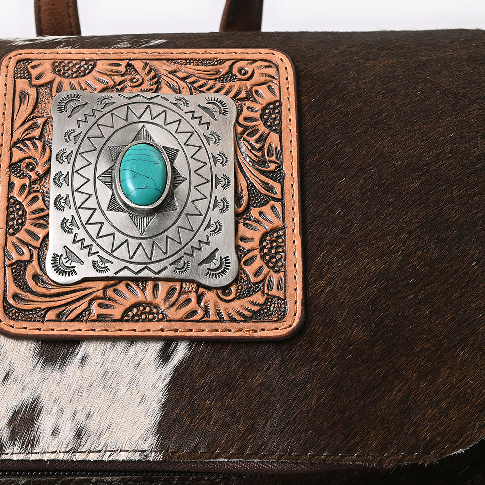 American Darling Backpack for Women, Hand Tooled Floral Leather, Hair-On Cowhide, Turquoise Concho, Genuine Western Leather