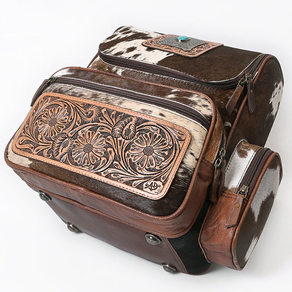 American Darling Backpack for Women, Hand Tooled Floral Leather, Hair-On Cowhide, Turquoise Concho, Genuine Western Leather