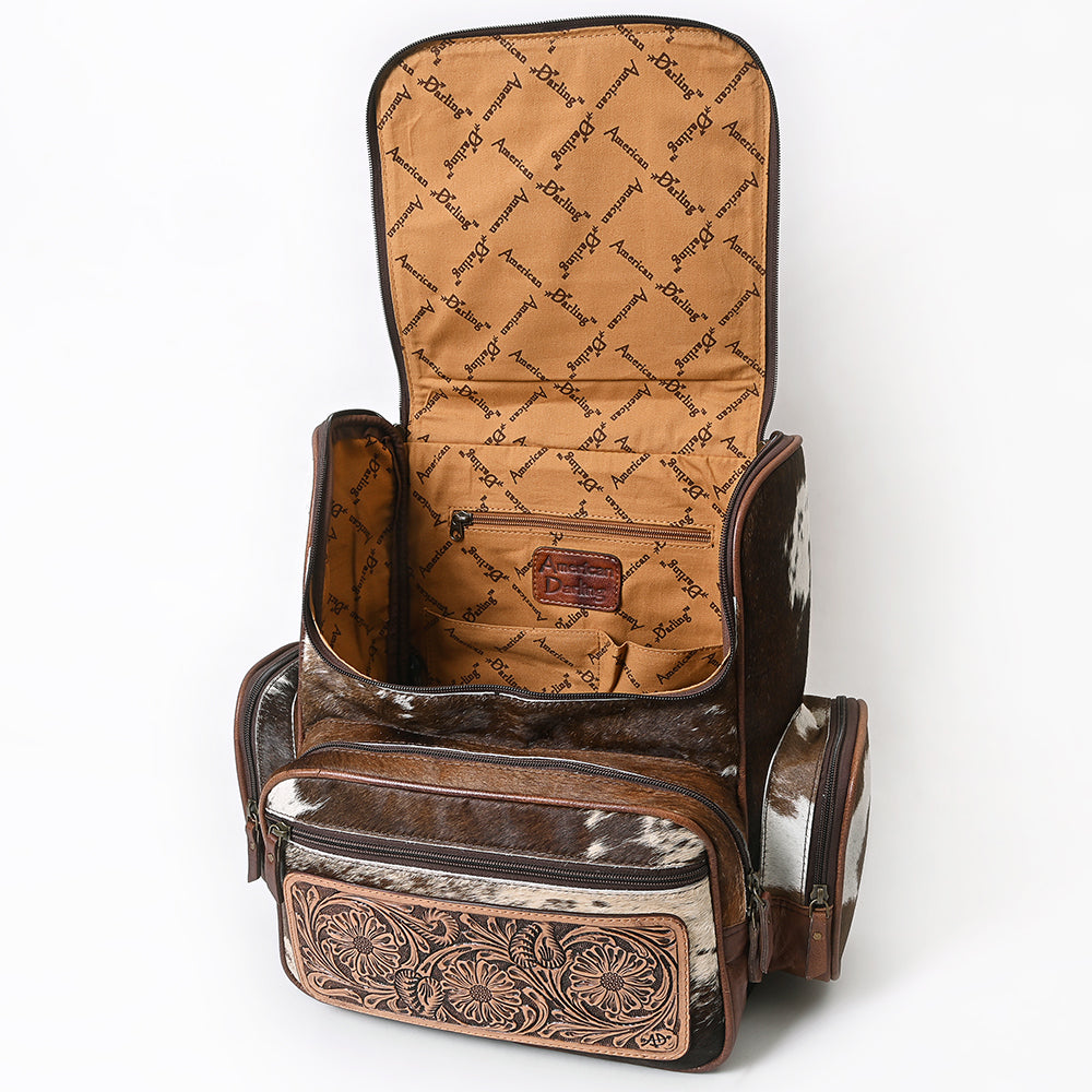 American Darling Backpack for Women, Hand Tooled Floral Leather, Hair-On Cowhide, Turquoise Concho, Genuine Western Leather