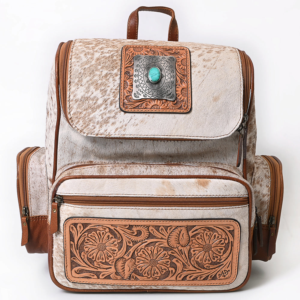 American Darling Backpack for Women, Hand Tooled Floral Leather, Hair-On Cowhide, Turquoise Concho, Genuine Western Leather