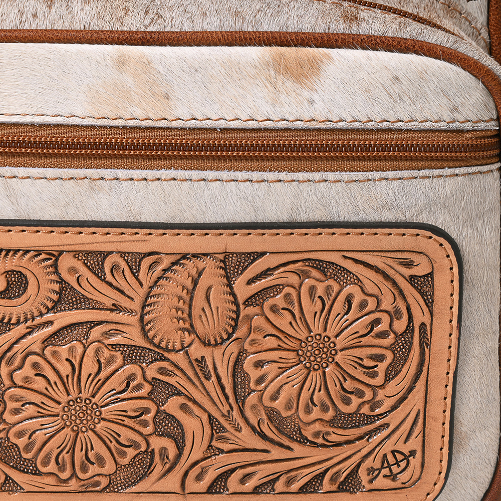 American Darling Backpack for Women, Hand Tooled Floral Leather, Hair-On Cowhide, Turquoise Concho, Genuine Western Leather