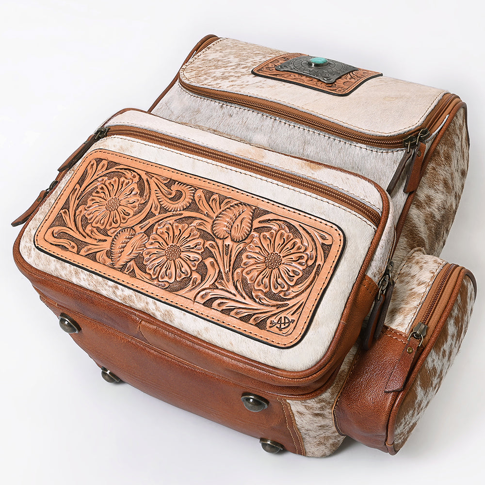 American Darling Backpack for Women, Hand Tooled Floral Leather, Hair-On Cowhide, Turquoise Concho, Genuine Western Leather