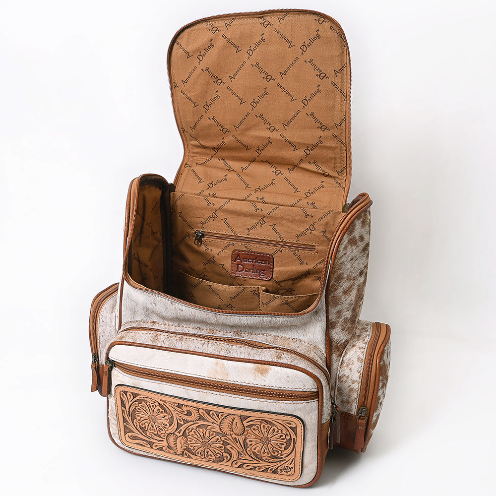 American Darling Backpack for Women, Hand Tooled Floral Leather, Hair-On Cowhide, Turquoise Concho, Genuine Western Leather