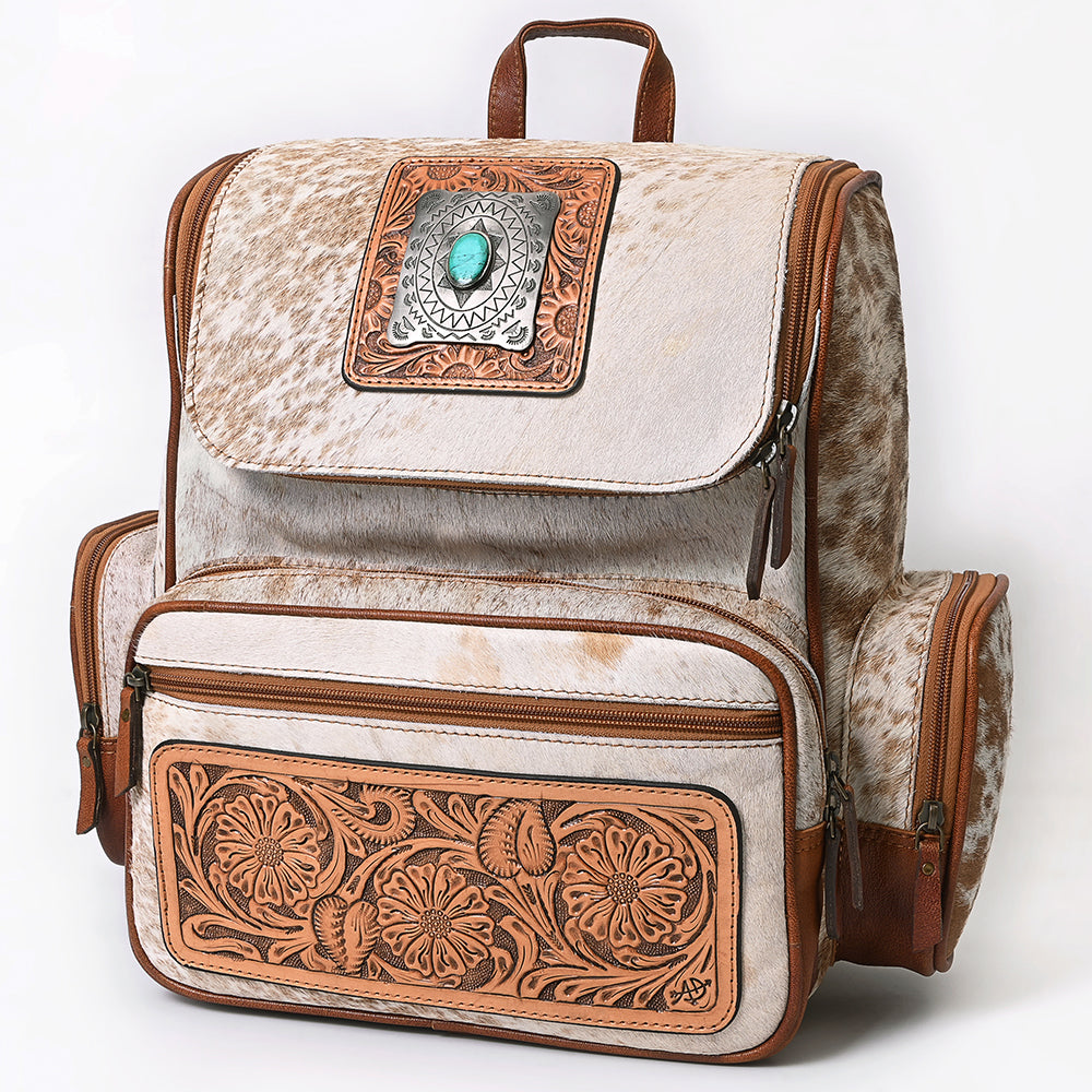 American Darling Backpack for Women, Hand Tooled Floral Leather, Hair-On Cowhide, Turquoise Concho, Genuine Western Leather