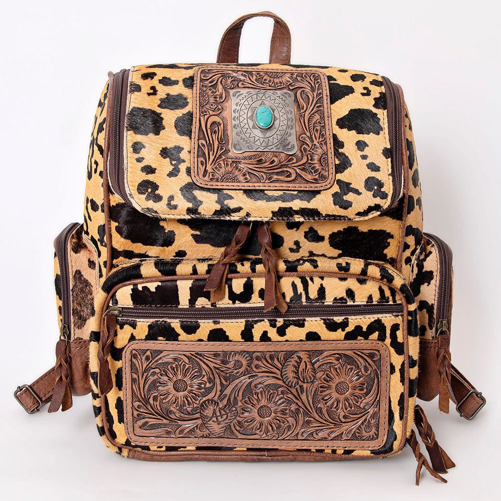 American Darling Backpack for Women, Hand Tooled Floral Leather, Hair-On Cowhide, Turquoise Concho, Genuine Western Leather