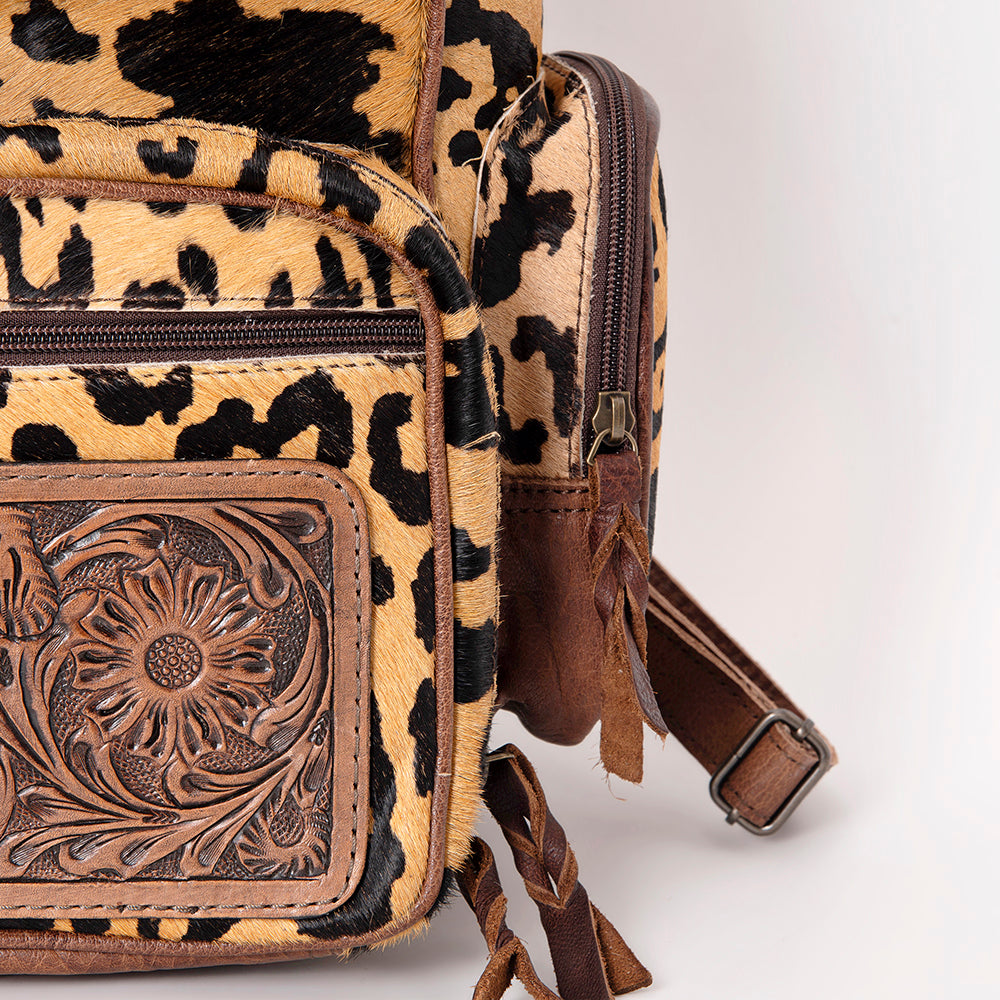 American Darling Backpack for Women, Hand Tooled Floral Leather, Hair-On Cowhide, Turquoise Concho, Genuine Western Leather