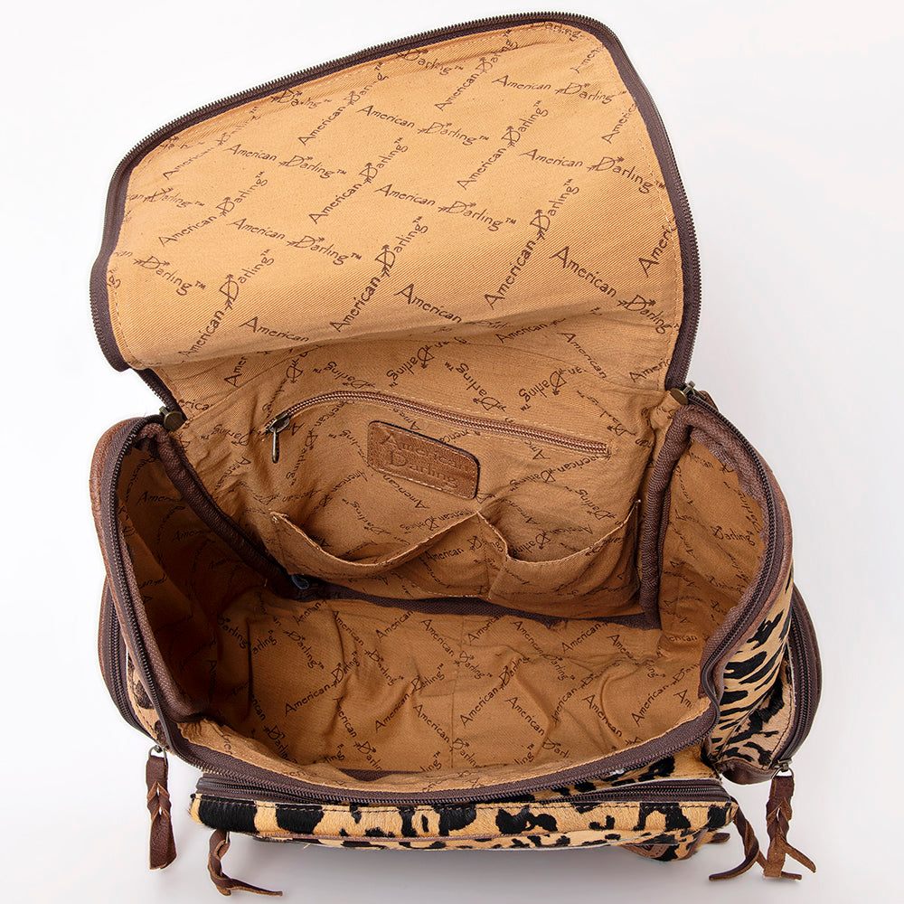 American Darling Backpack for Women, Hand Tooled Floral Leather, Hair-On Cowhide, Turquoise Concho, Genuine Western Leather