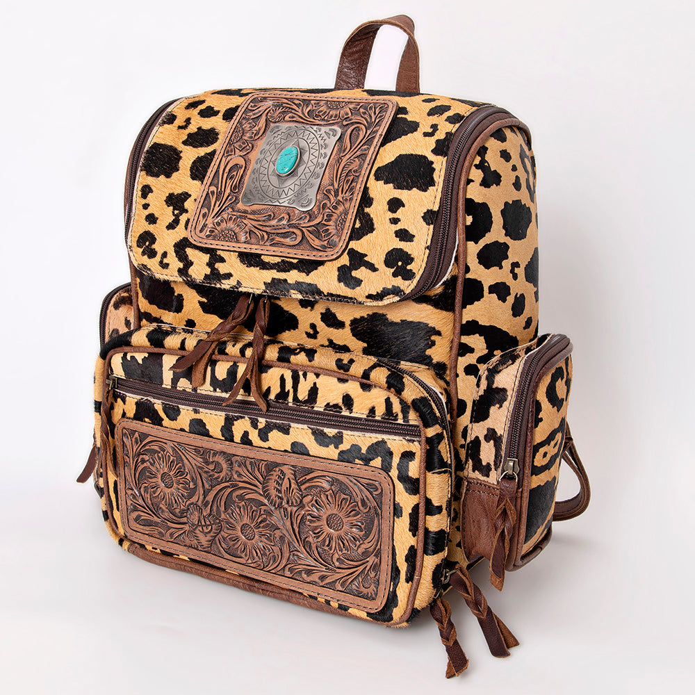 American Darling Backpack for Women, Hand Tooled Floral Leather, Hair-On Cowhide, Turquoise Concho, Genuine Western Leather