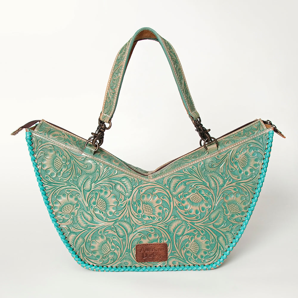 American Darling Tote Bag Western Leather Hand Tooled Floral Carved Full Grain Vegetable Tanned Genuine Leather 13x19