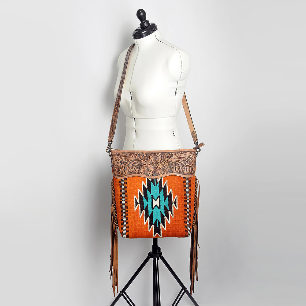 American Darling Signature Cross Body Bag Hand Tooled Floral Carved Leather Woven Saddle Blanket Fringes Genuine Leather